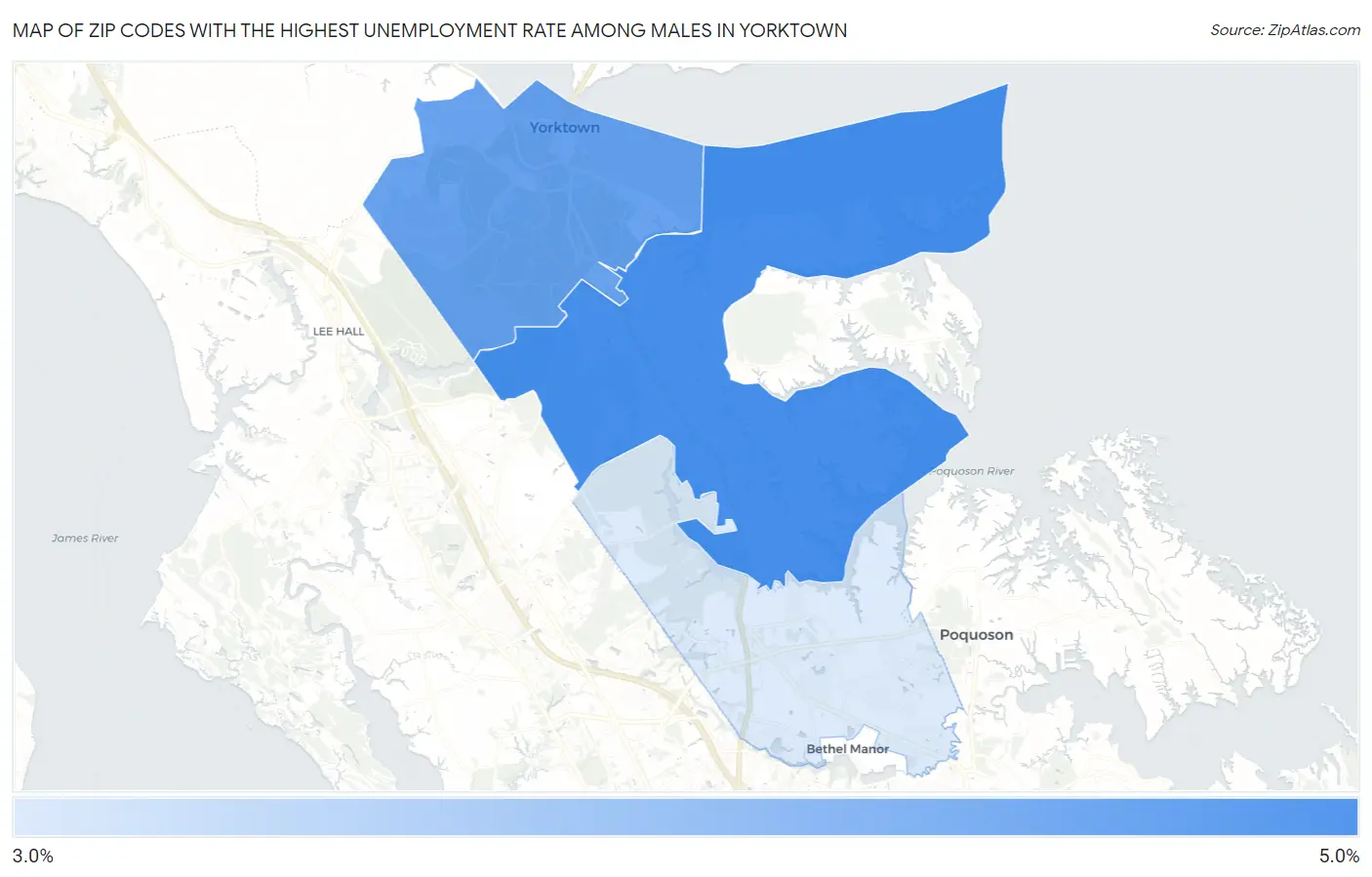 Zip Codes with the Highest Unemployment Rate Among Males in Yorktown Map