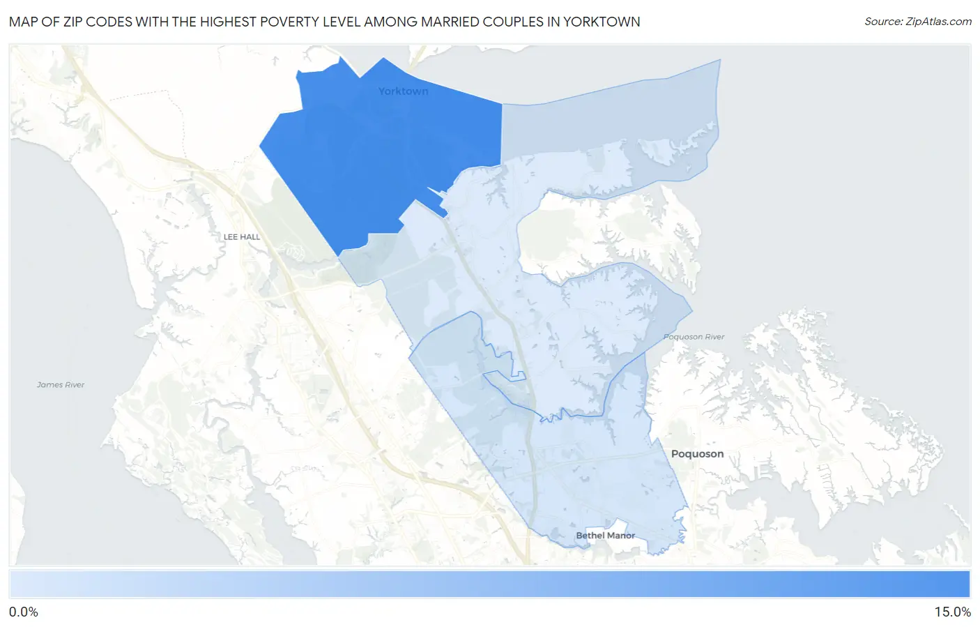 Zip Codes with the Highest Poverty Level Among Married Couples in Yorktown Map