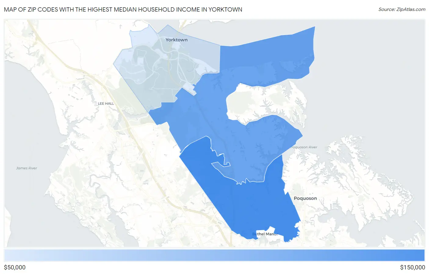 Zip Codes with the Highest Median Household Income in Yorktown Map