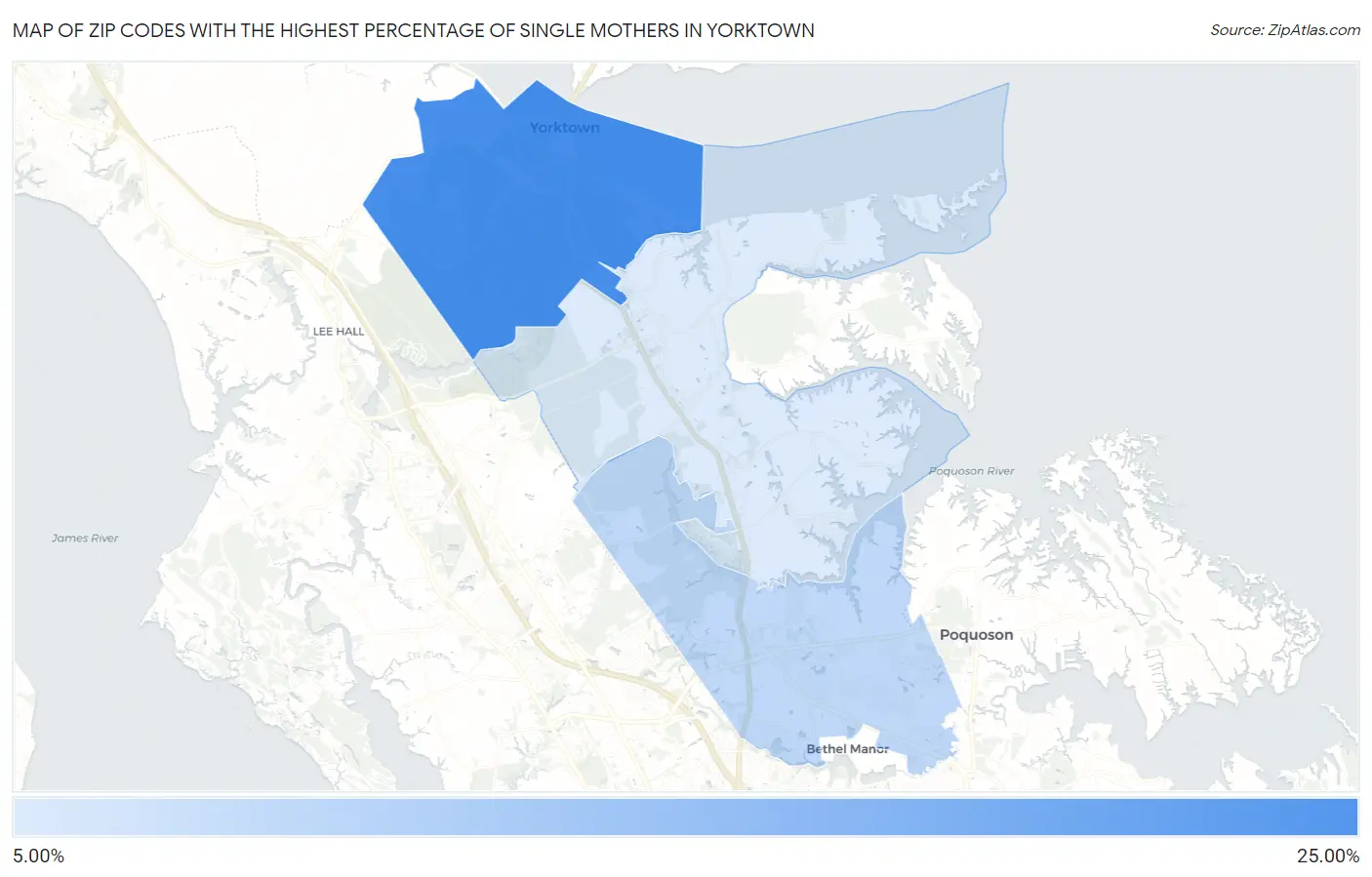 Zip Codes with the Highest Percentage of Single Mothers in Yorktown Map