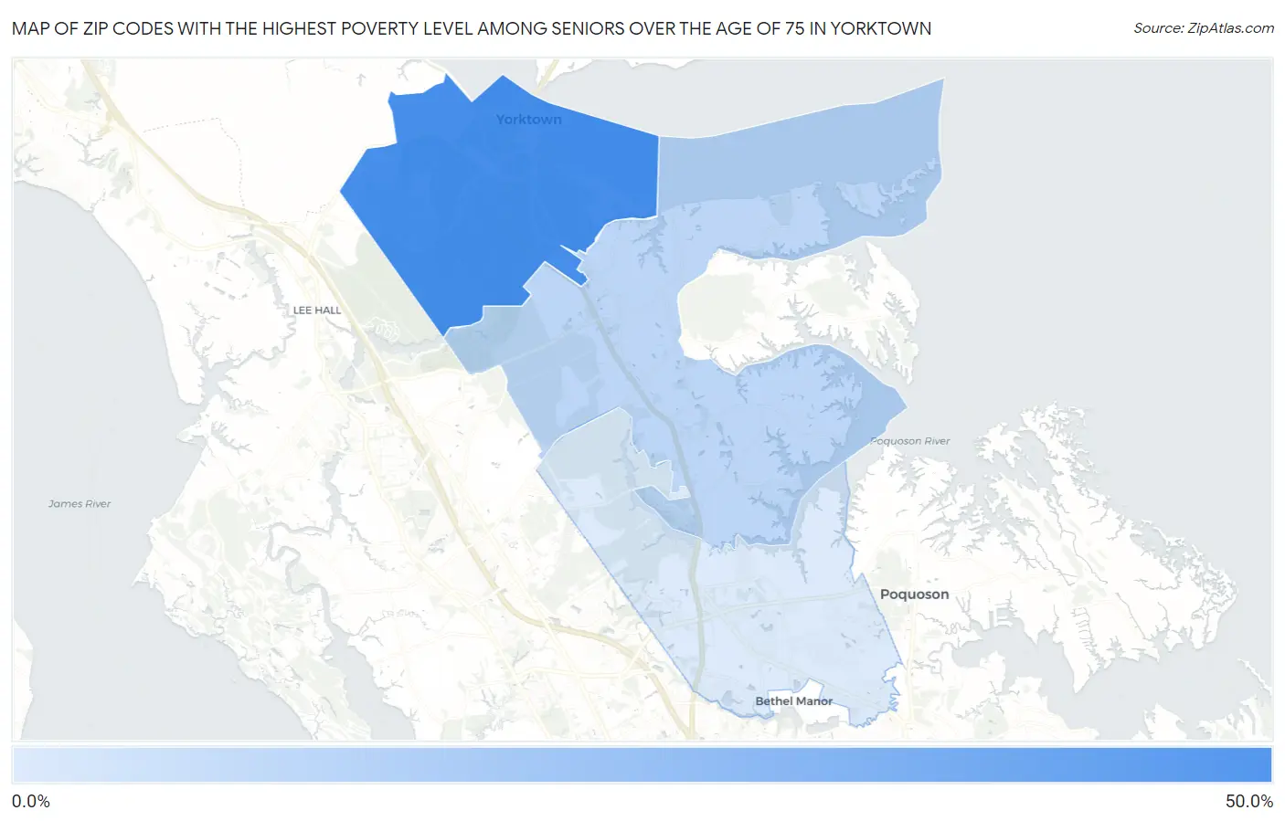 Zip Codes with the Highest Poverty Level Among Seniors Over the Age of 75 in Yorktown Map