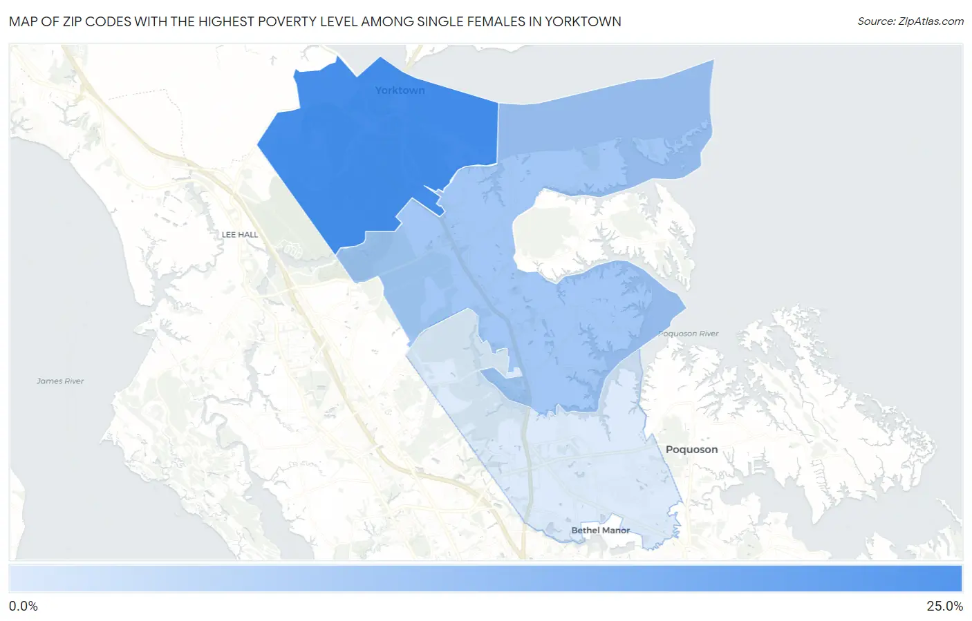 Zip Codes with the Highest Poverty Level Among Single Females in Yorktown Map