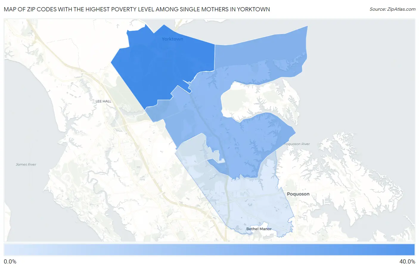 Zip Codes with the Highest Poverty Level Among Single Mothers in Yorktown Map