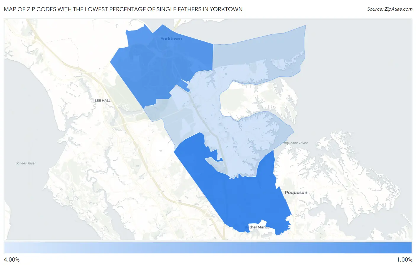 Zip Codes with the Lowest Percentage of Single Fathers in Yorktown Map