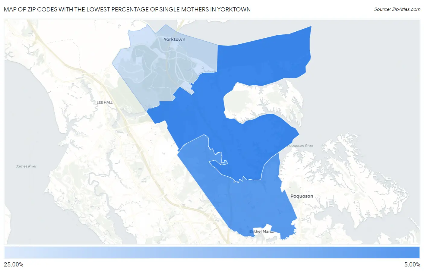 Zip Codes with the Lowest Percentage of Single Mothers in Yorktown Map