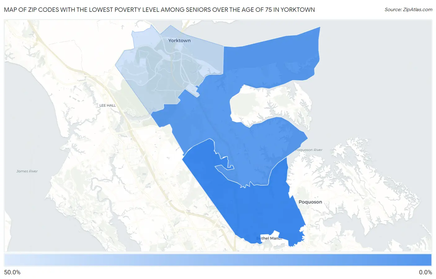 Zip Codes with the Lowest Poverty Level Among Seniors Over the Age of 75 in Yorktown Map
