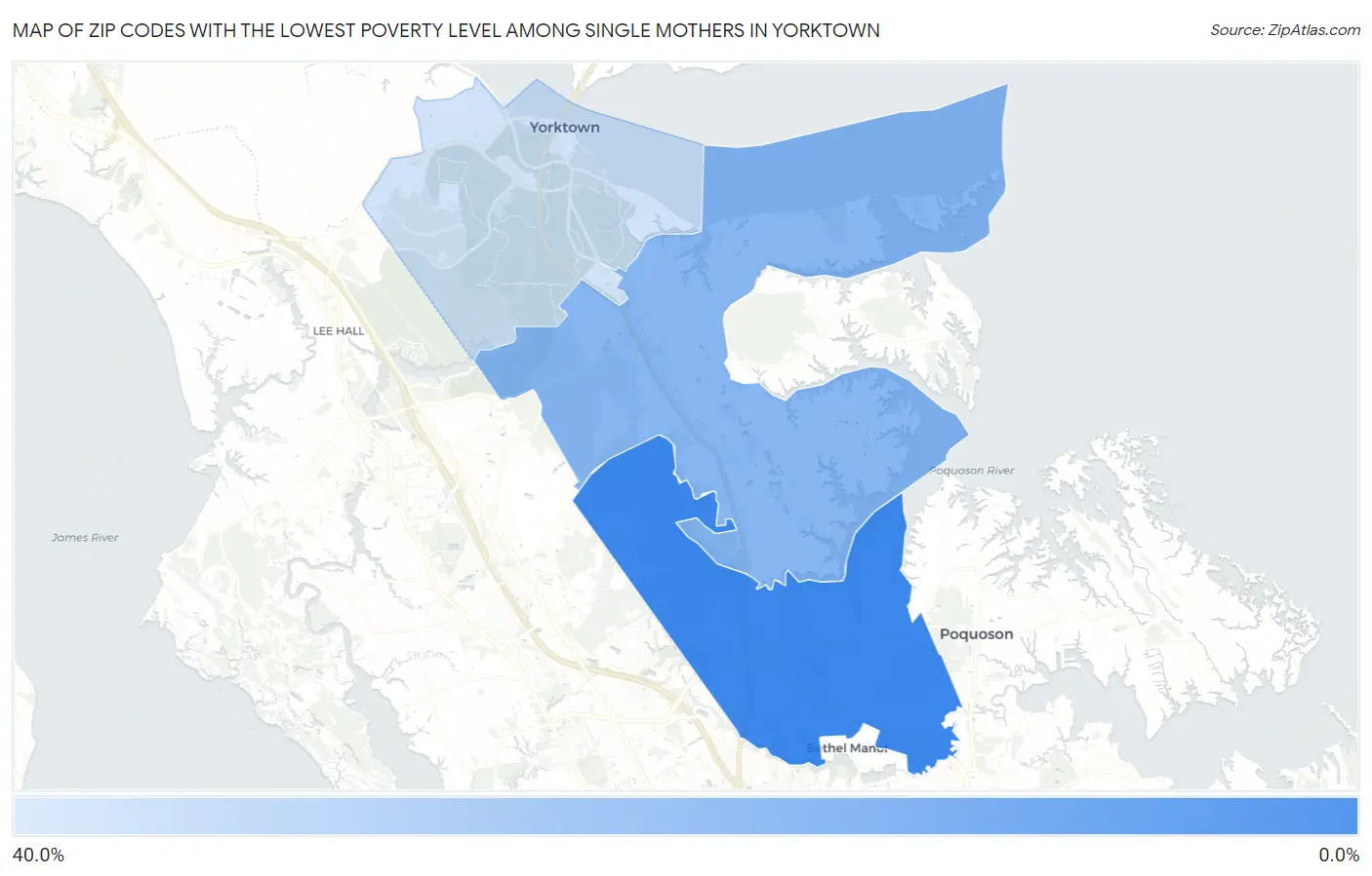 Zip Codes with the Lowest Poverty Level Among Single Mothers in Yorktown Map