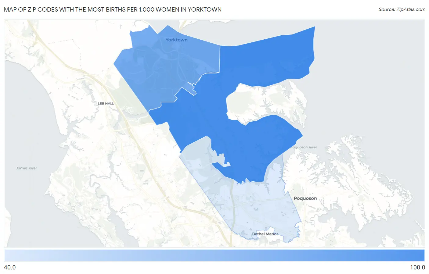 Zip Codes with the Most Births per 1,000 Women in Yorktown Map