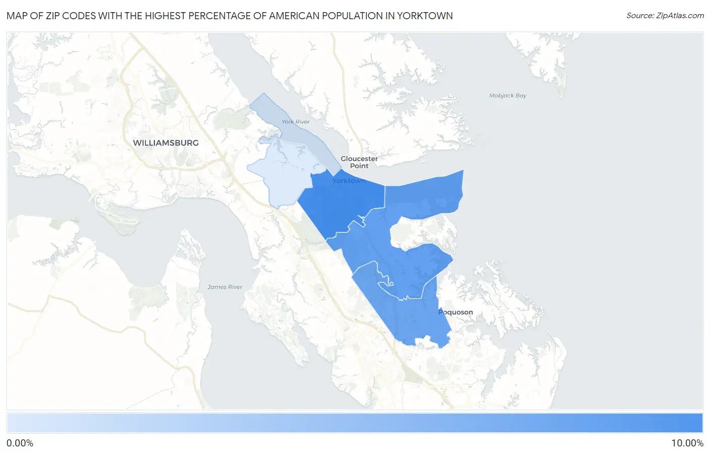 Zip Codes with the Highest Percentage of American Population in Yorktown Map