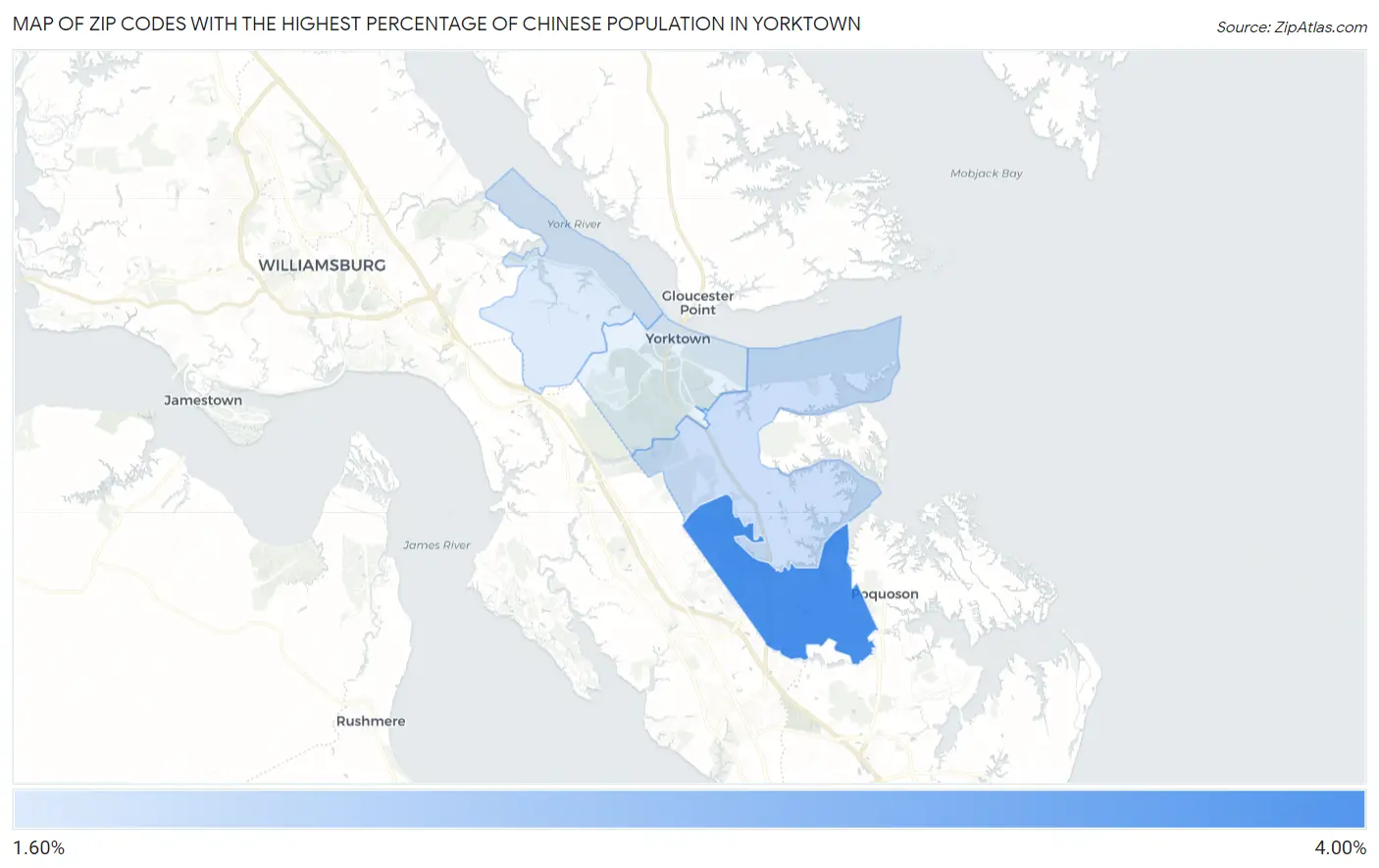 Zip Codes with the Highest Percentage of Chinese Population in Yorktown Map