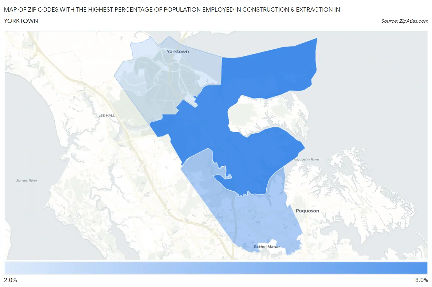 Zip Codes with the Highest Percentage of Population Employed in Construction & Extraction in Yorktown Map