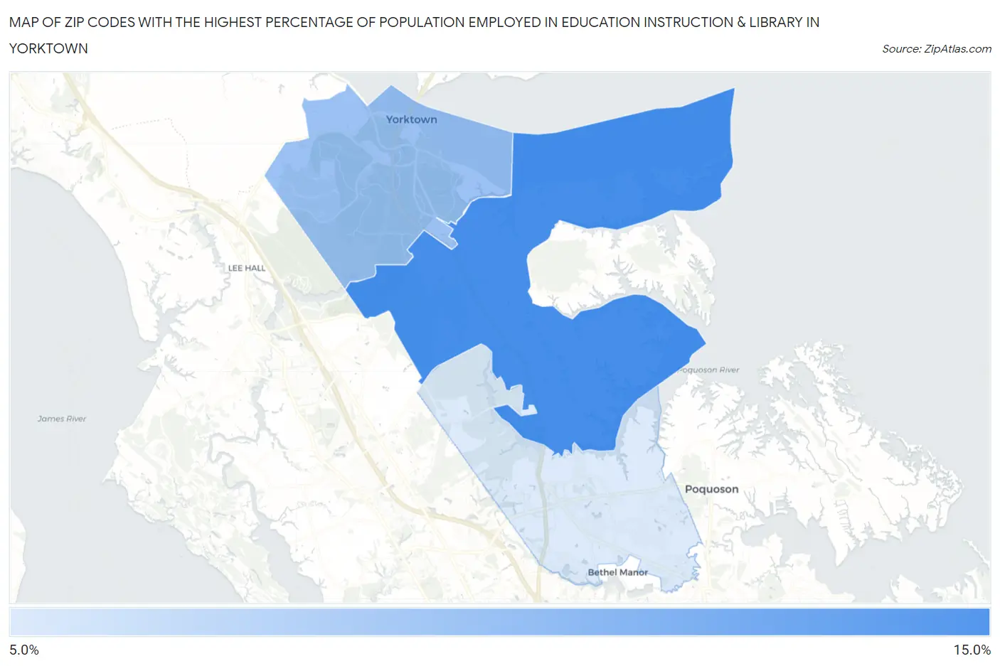 Zip Codes with the Highest Percentage of Population Employed in Education Instruction & Library in Yorktown Map