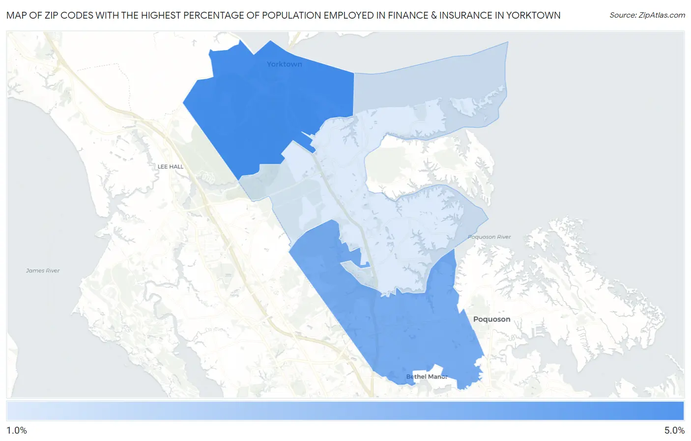 Zip Codes with the Highest Percentage of Population Employed in Finance & Insurance in Yorktown Map