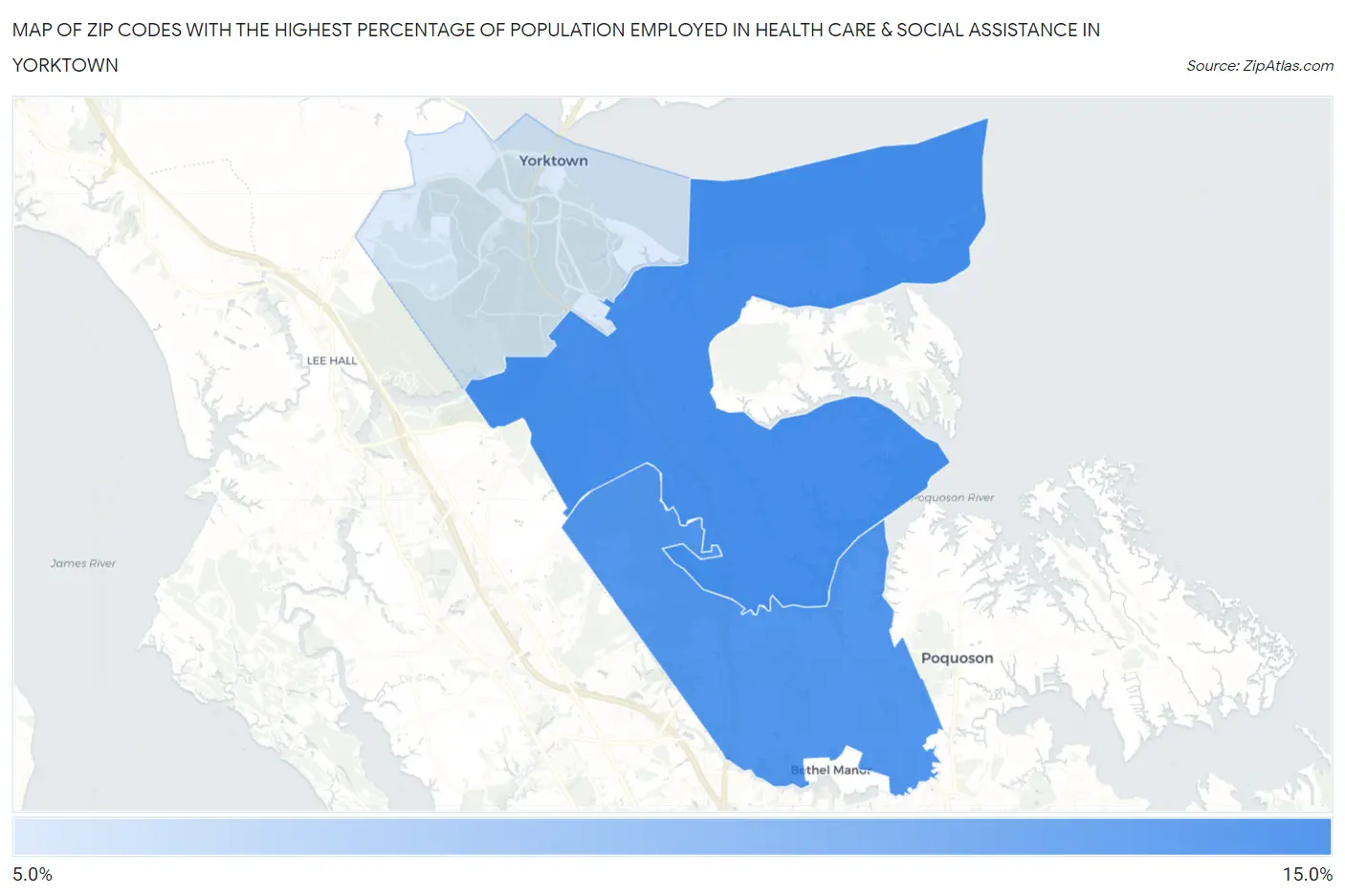 Zip Codes with the Highest Percentage of Population Employed in Health Care & Social Assistance in Yorktown Map