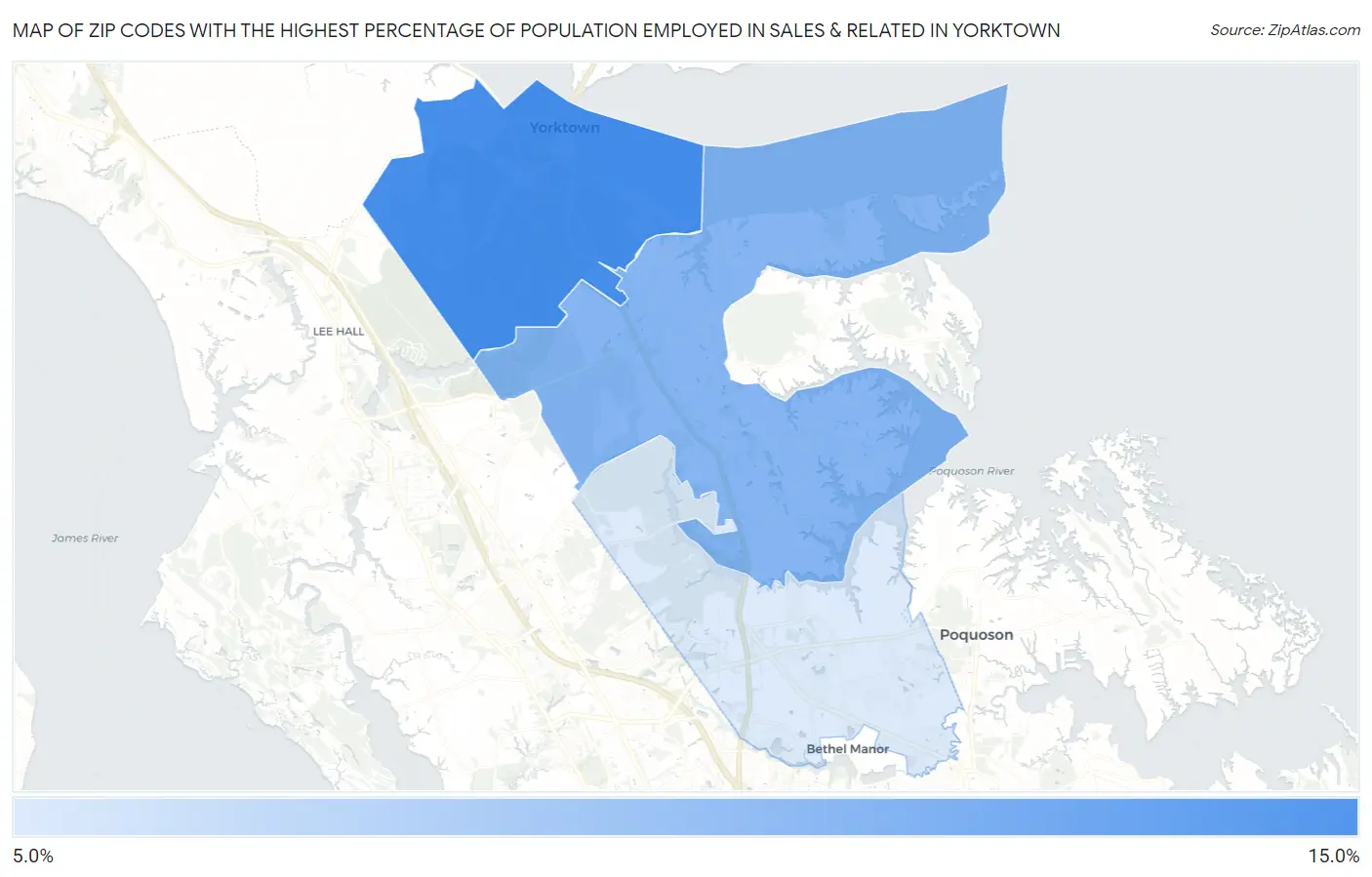 Zip Codes with the Highest Percentage of Population Employed in Sales & Related in Yorktown Map