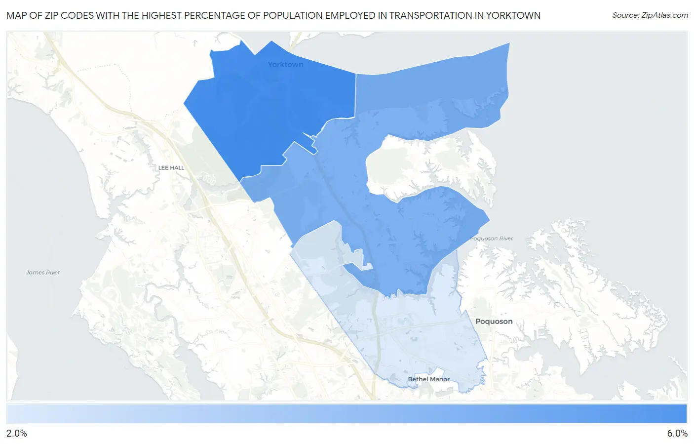 Zip Codes with the Highest Percentage of Population Employed in Transportation in Yorktown Map