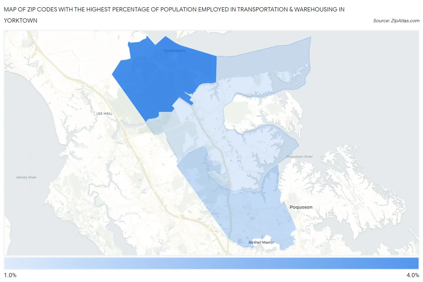 Zip Codes with the Highest Percentage of Population Employed in Transportation & Warehousing in Yorktown Map