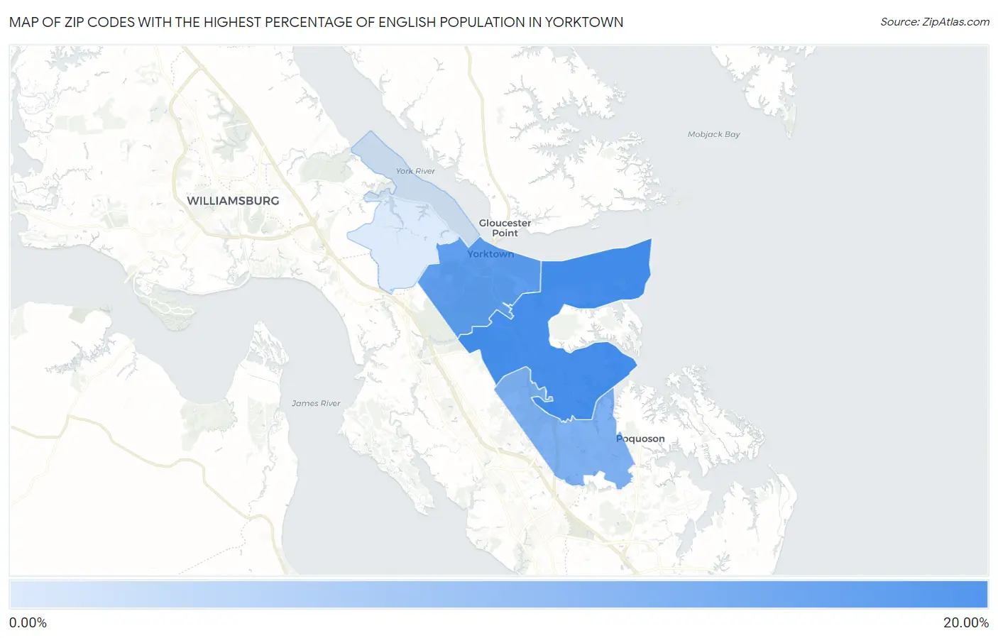 Zip Codes with the Highest Percentage of English Population in Yorktown Map