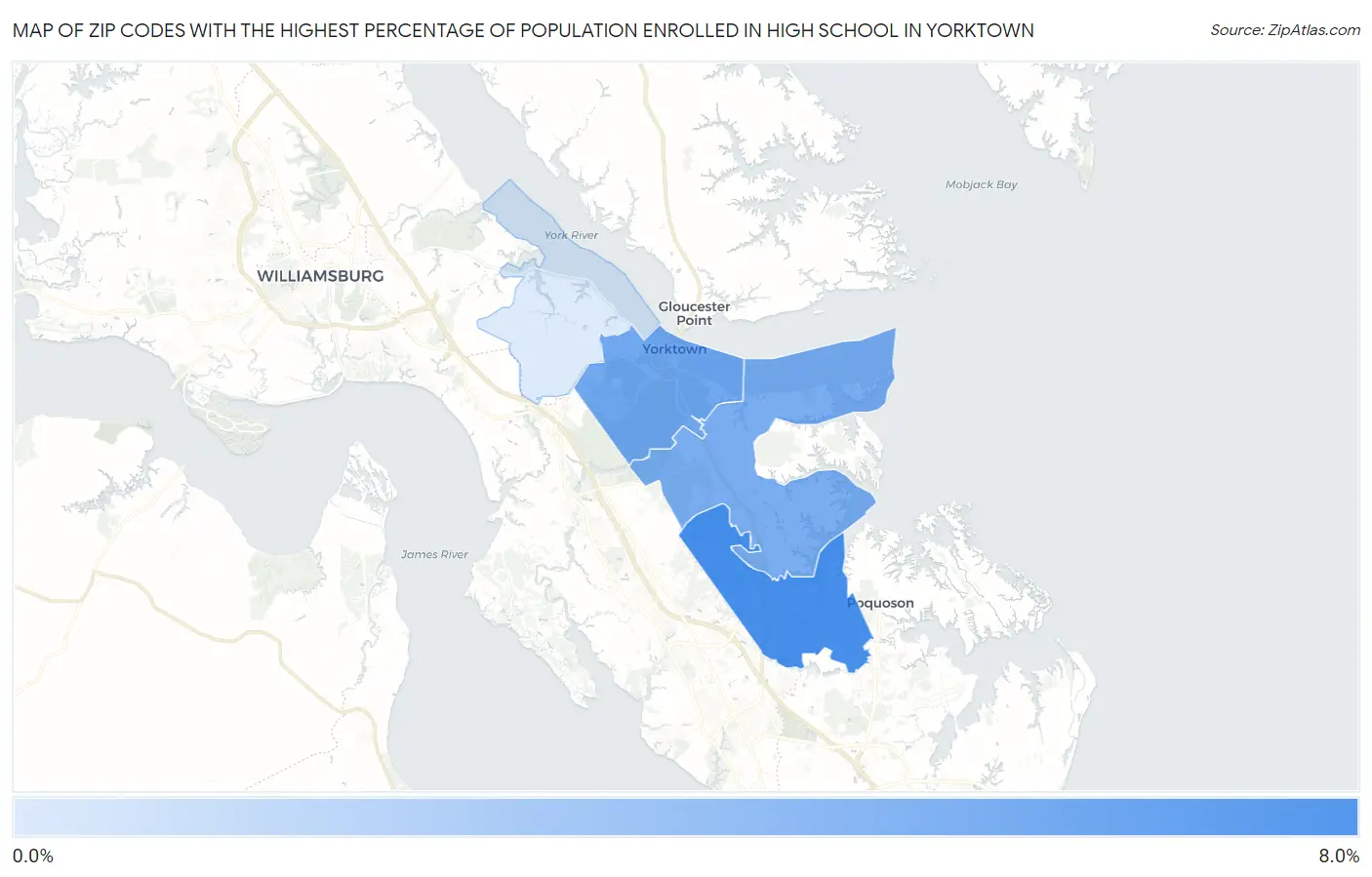 Zip Codes with the Highest Percentage of Population Enrolled in High School in Yorktown Map