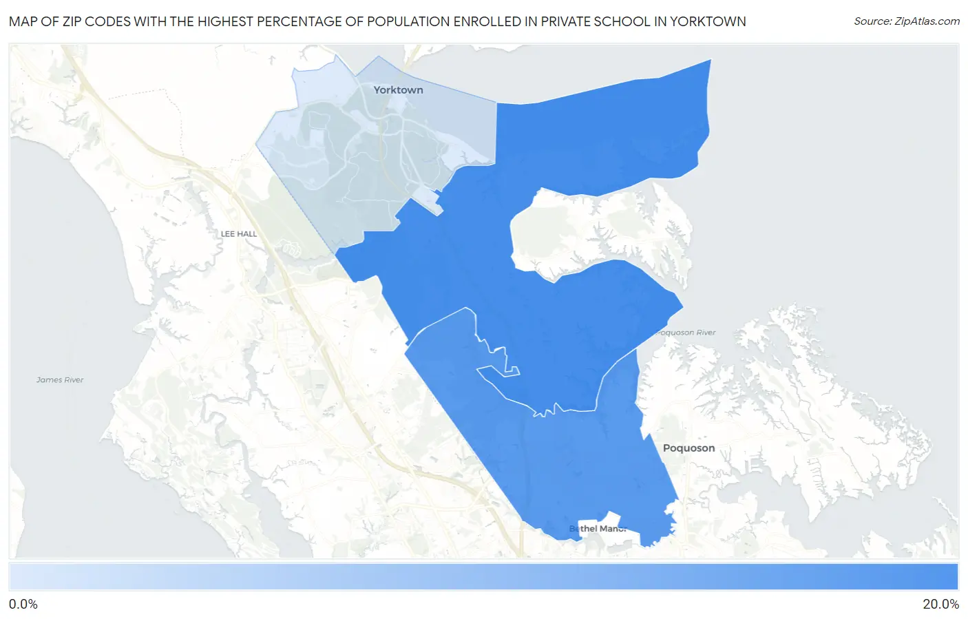 Zip Codes with the Highest Percentage of Population Enrolled in Private School in Yorktown Map