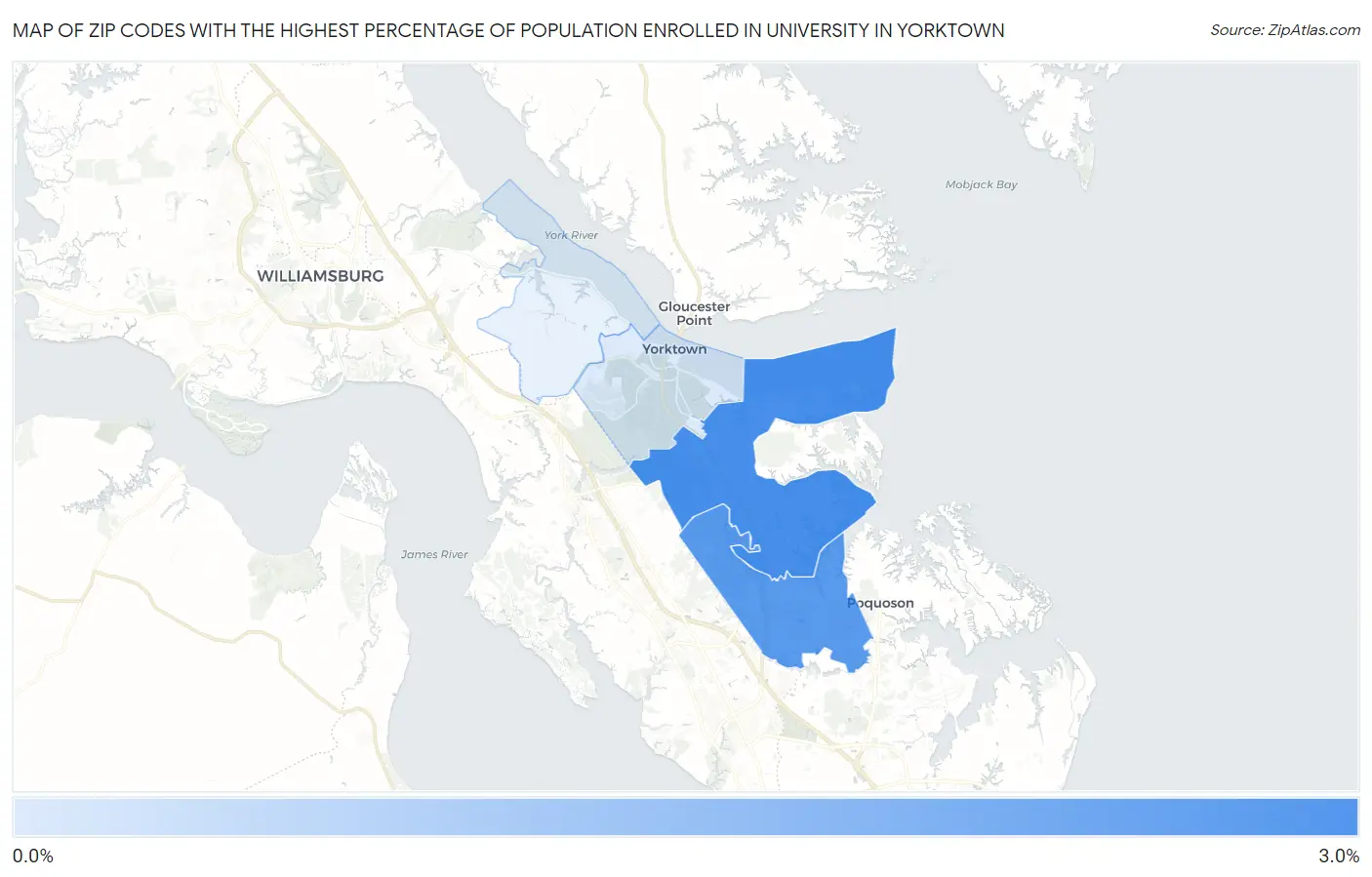 Zip Codes with the Highest Percentage of Population Enrolled in University in Yorktown Map