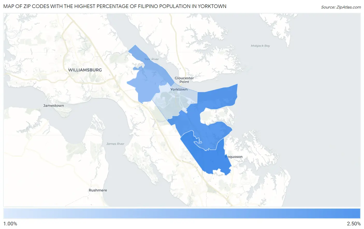 Zip Codes with the Highest Percentage of Filipino Population in Yorktown Map
