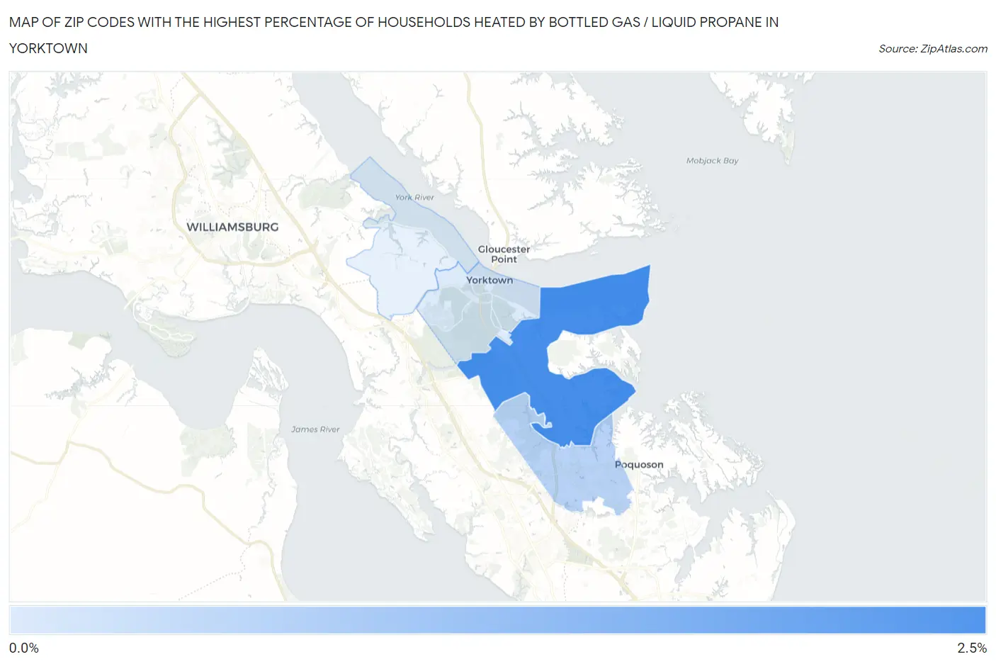 Zip Codes with the Highest Percentage of Households Heated by Bottled Gas / Liquid Propane in Yorktown Map
