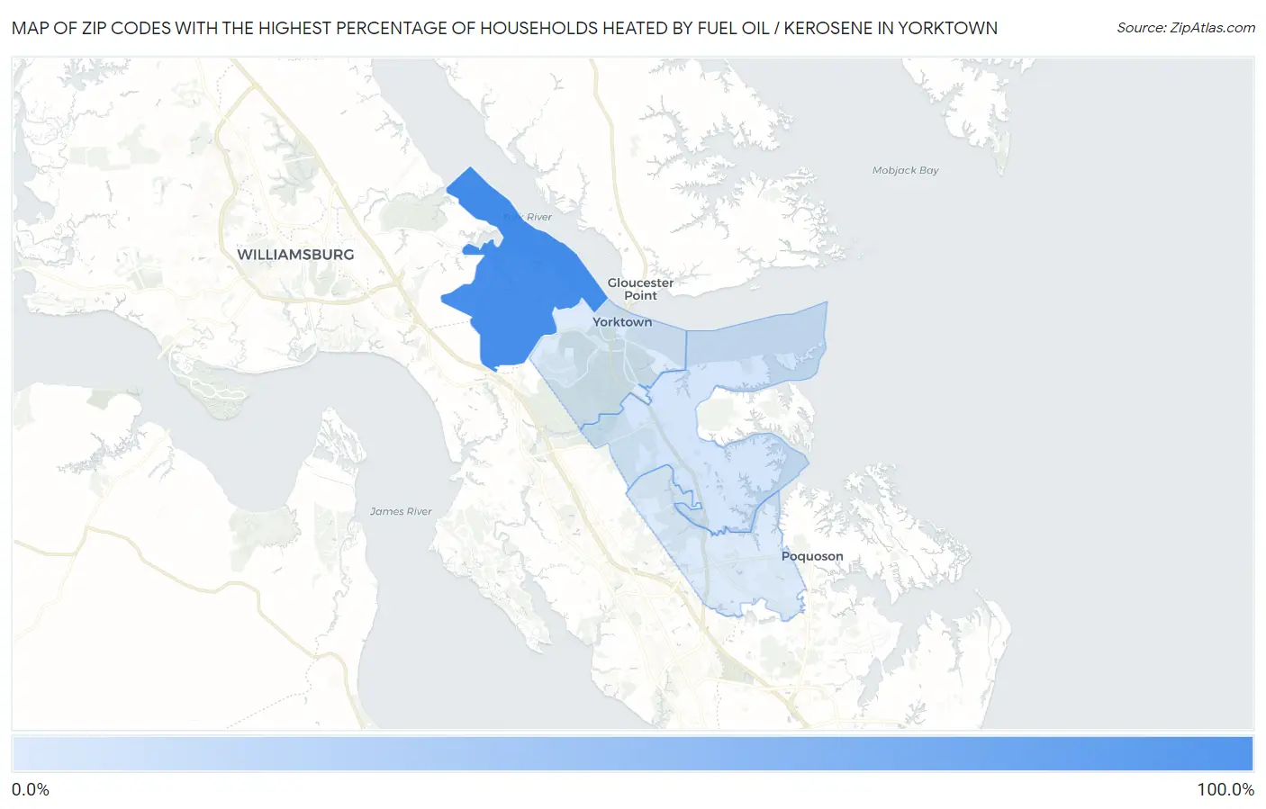 Zip Codes with the Highest Percentage of Households Heated by Fuel Oil / Kerosene in Yorktown Map