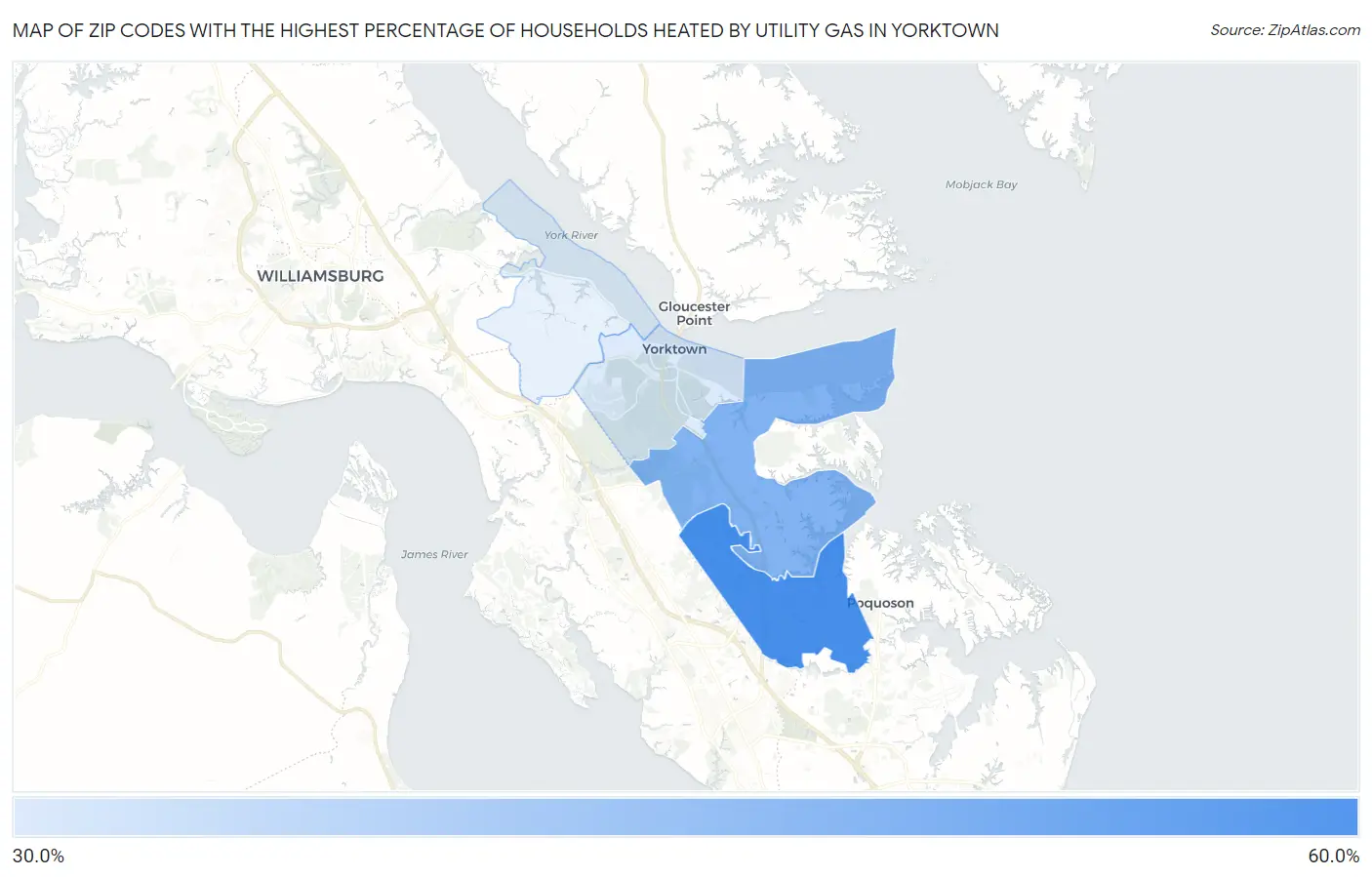 Zip Codes with the Highest Percentage of Households Heated by Utility Gas in Yorktown Map