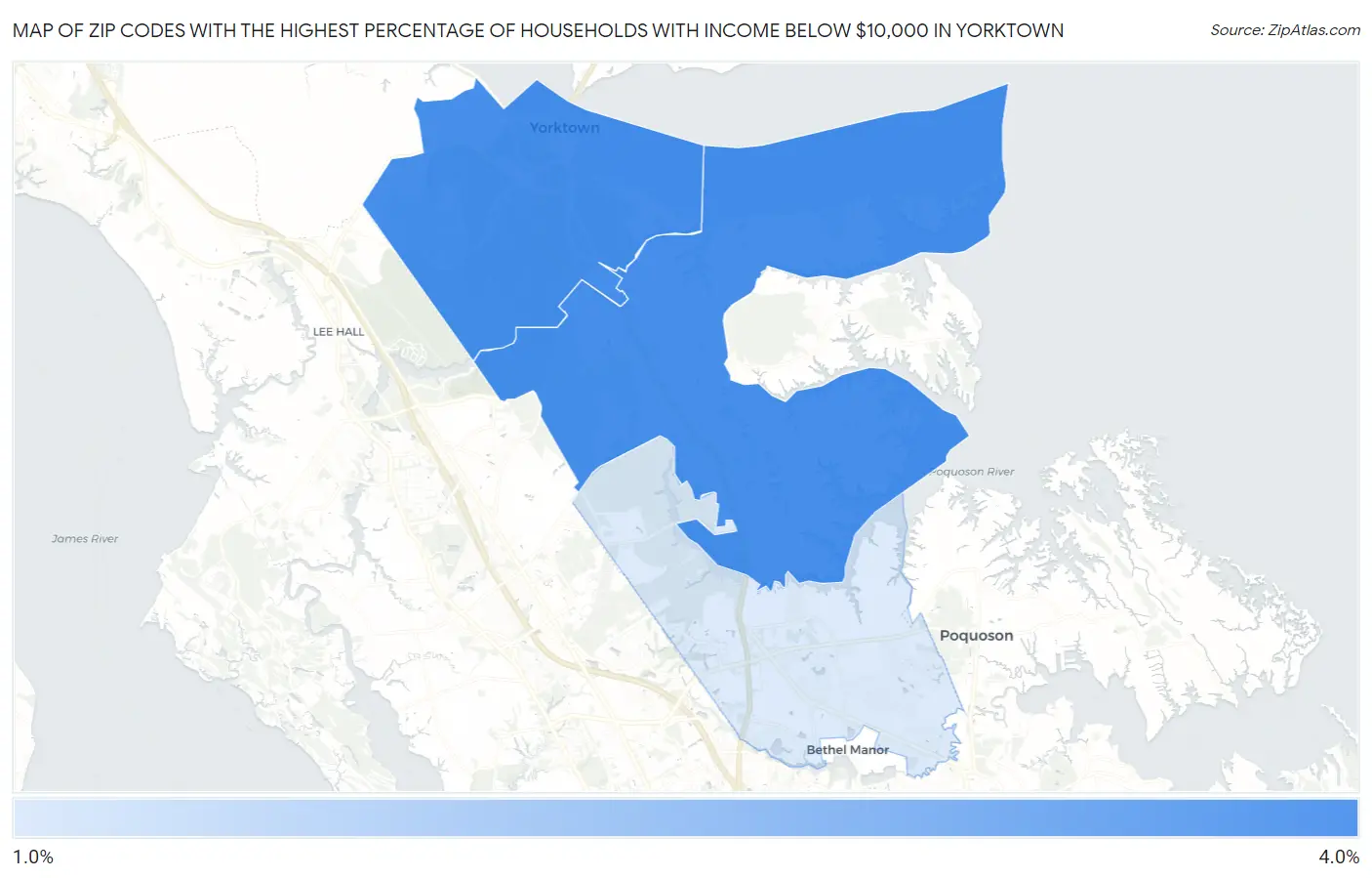 Zip Codes with the Highest Percentage of Households with Income Below $10,000 in Yorktown Map