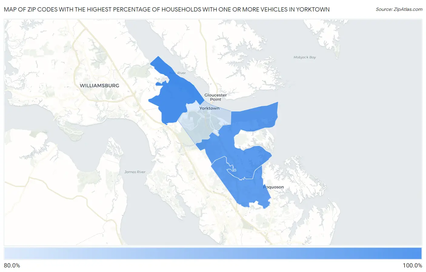 Zip Codes with the Highest Percentage of Households With One or more Vehicles in Yorktown Map