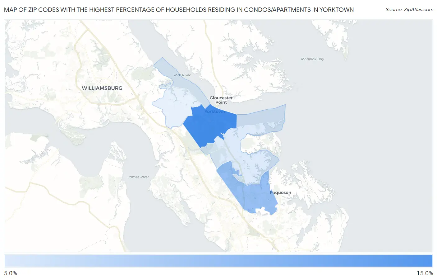Zip Codes with the Highest Percentage of Households Residing in Condos/Apartments in Yorktown Map