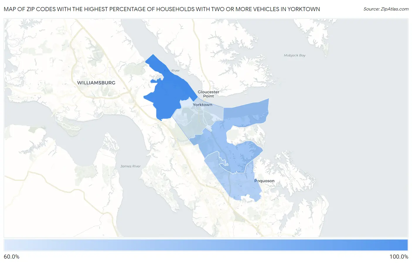 Zip Codes with the Highest Percentage of Households With Two or more Vehicles in Yorktown Map