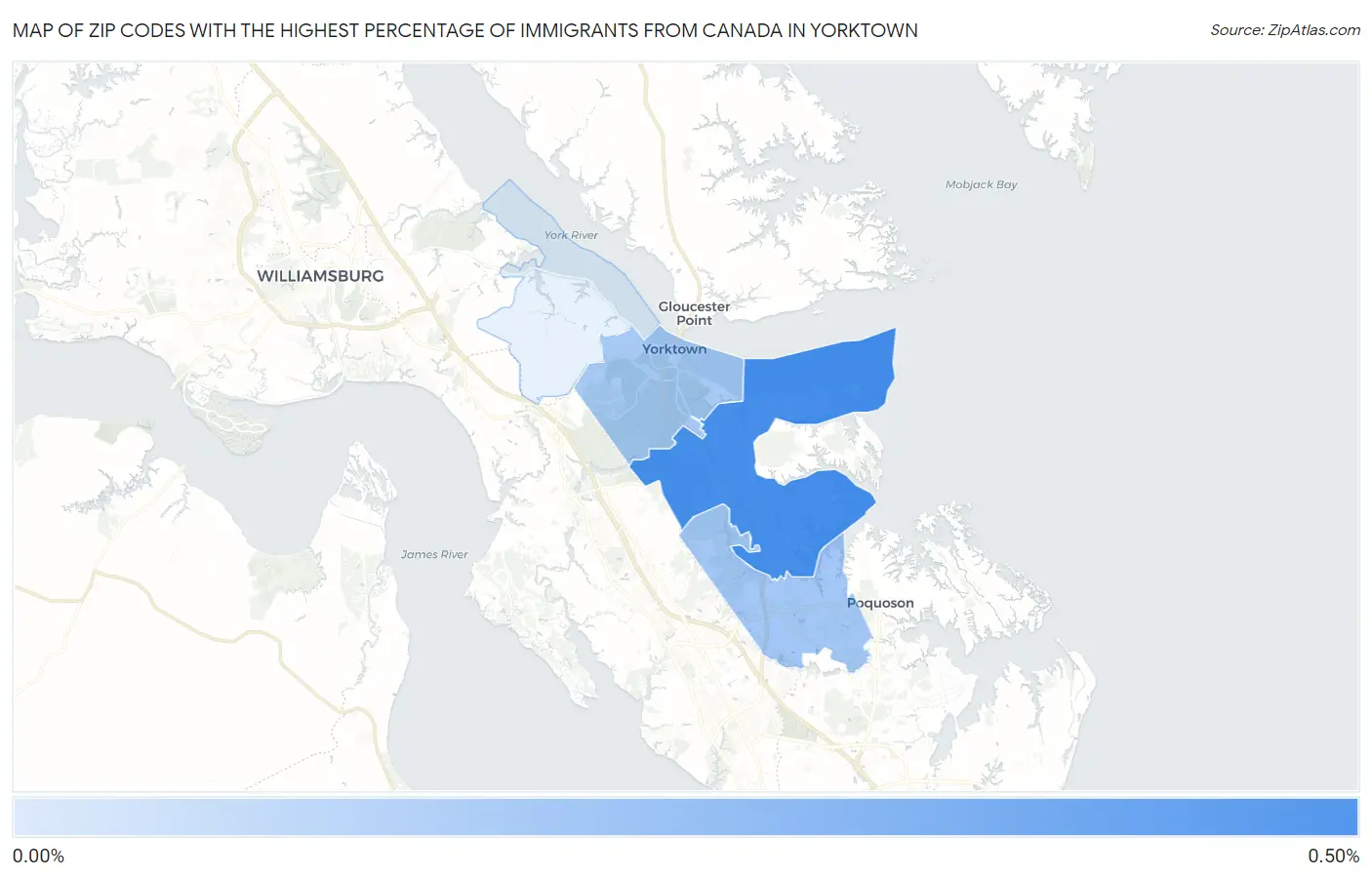 Zip Codes with the Highest Percentage of Immigrants from Canada in Yorktown Map