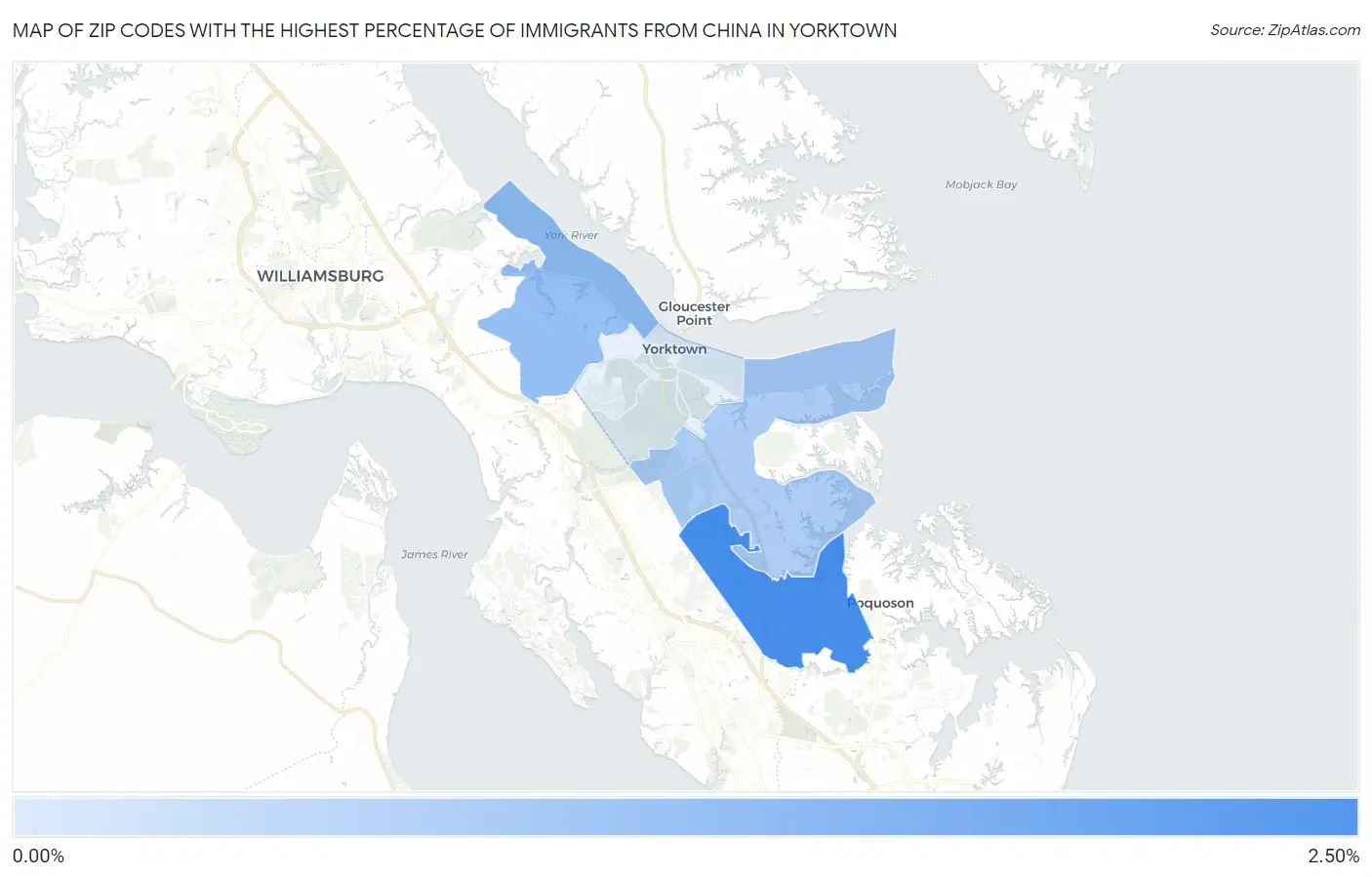 Zip Codes with the Highest Percentage of Immigrants from China in Yorktown Map