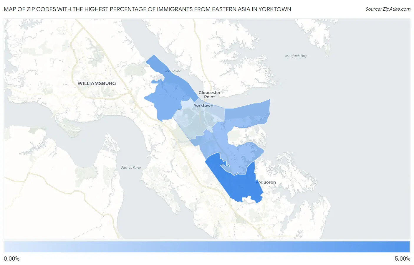 Zip Codes with the Highest Percentage of Immigrants from Eastern Asia in Yorktown Map