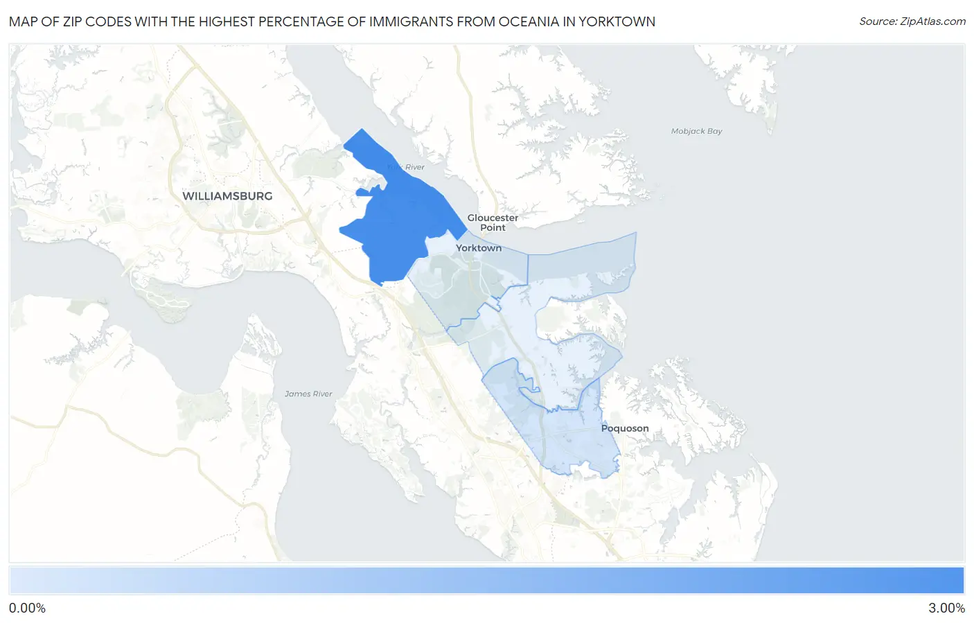 Zip Codes with the Highest Percentage of Immigrants from Oceania in Yorktown Map