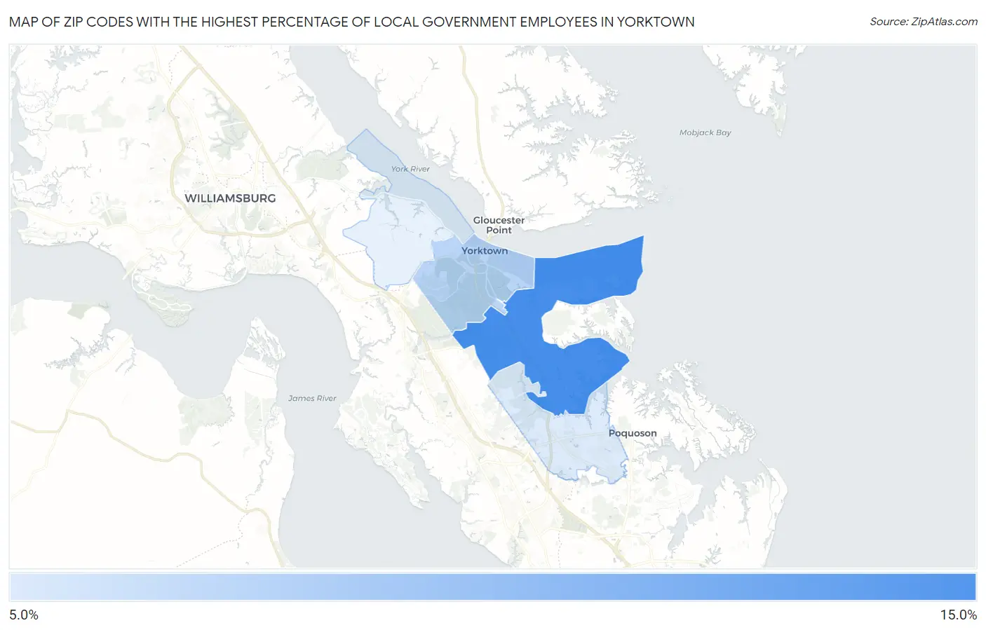 Zip Codes with the Highest Percentage of Local Government Employees in Yorktown Map