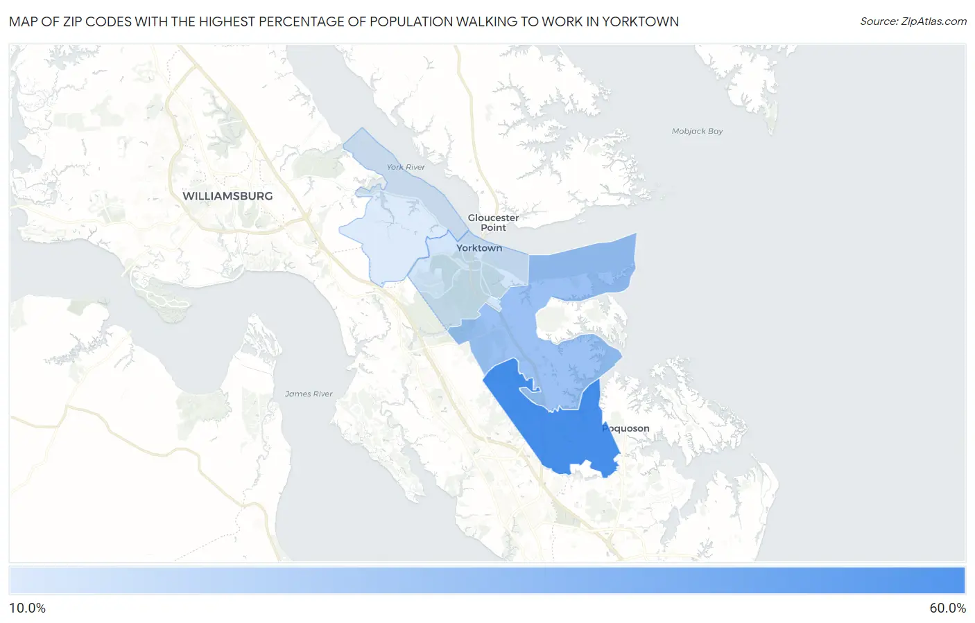 Zip Codes with the Highest Percentage of Population Walking to Work in Yorktown Map
