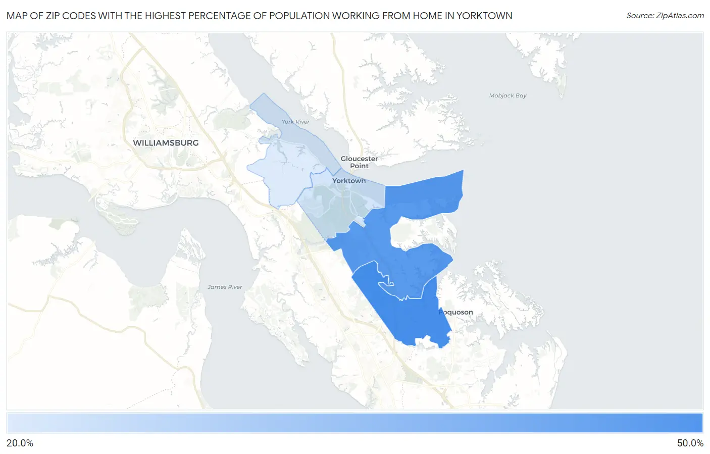 Zip Codes with the Highest Percentage of Population Working from Home in Yorktown Map