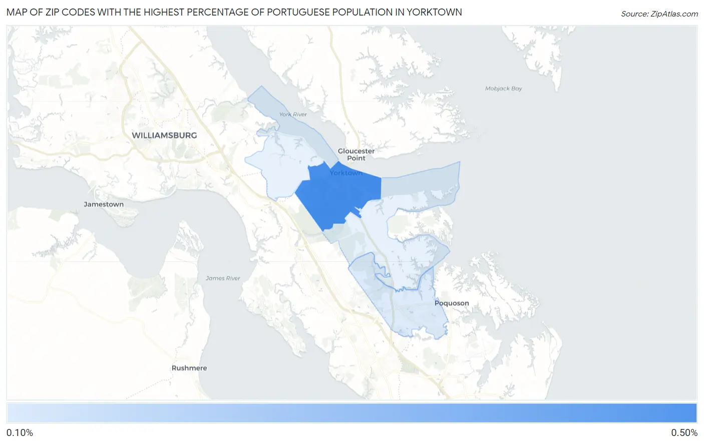 Zip Codes with the Highest Percentage of Portuguese Population in Yorktown Map