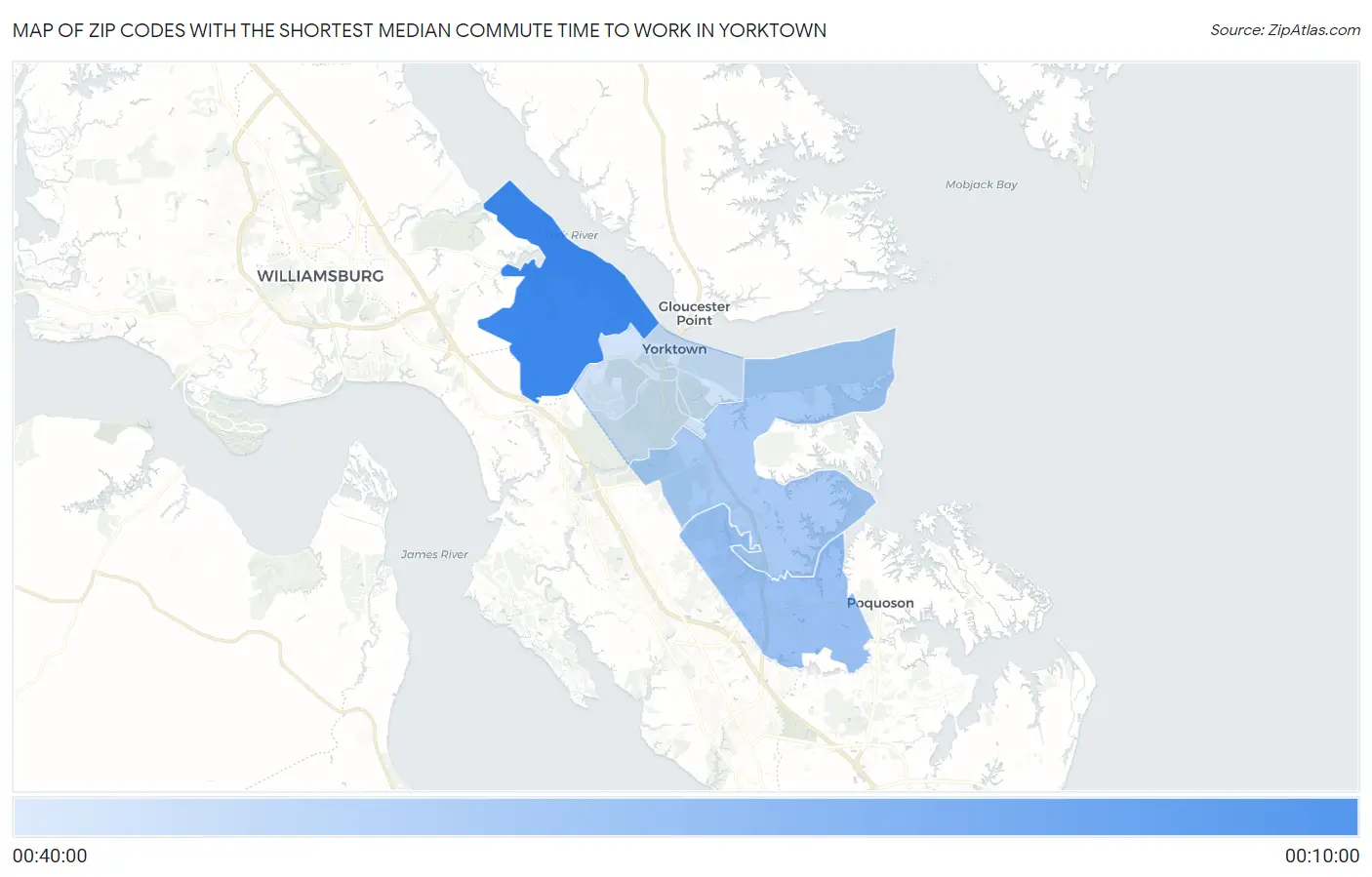 Zip Codes with the Shortest Median Commute Time to Work in Yorktown Map