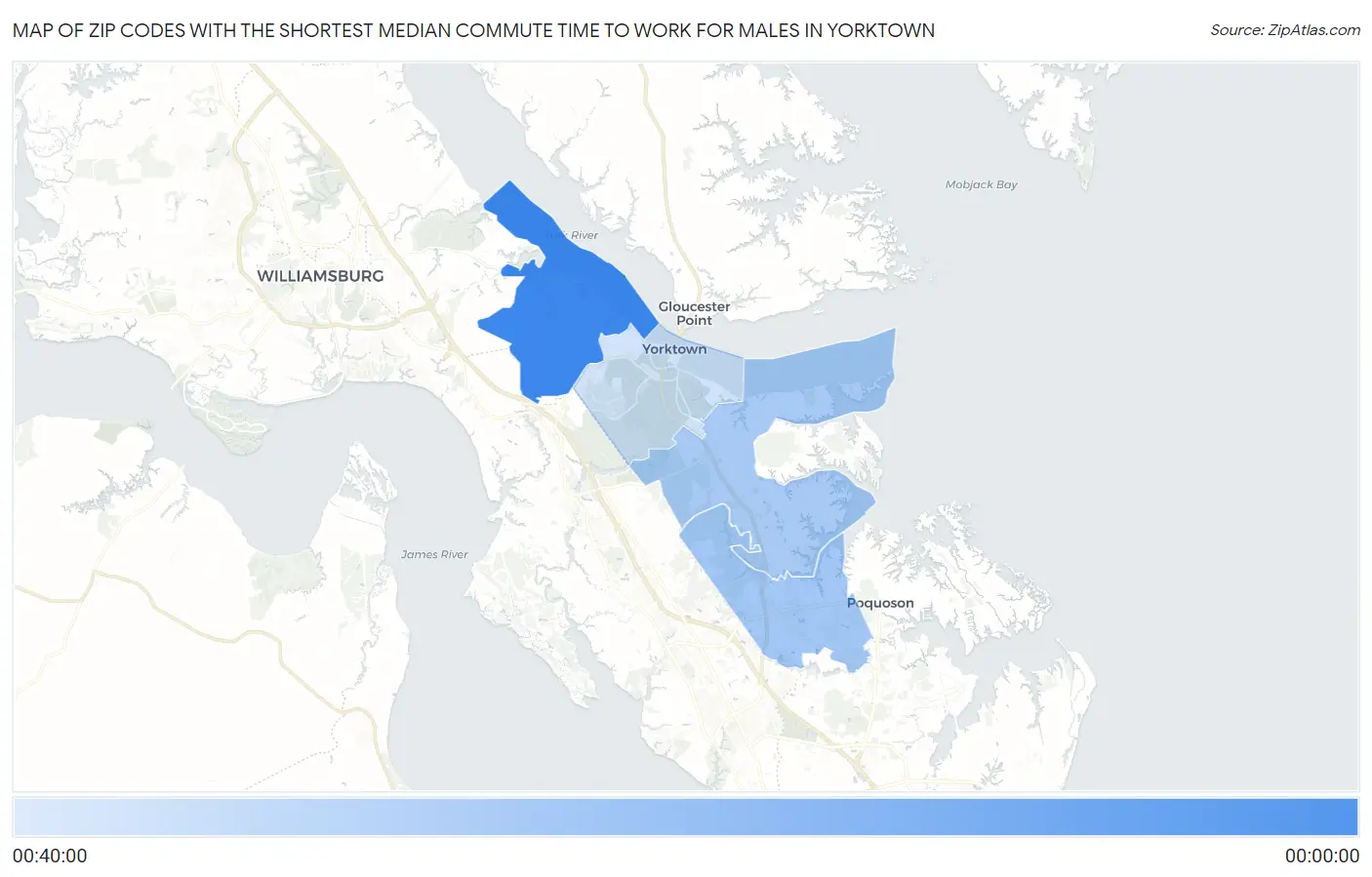 Zip Codes with the Shortest Median Commute Time to Work for Males in Yorktown Map