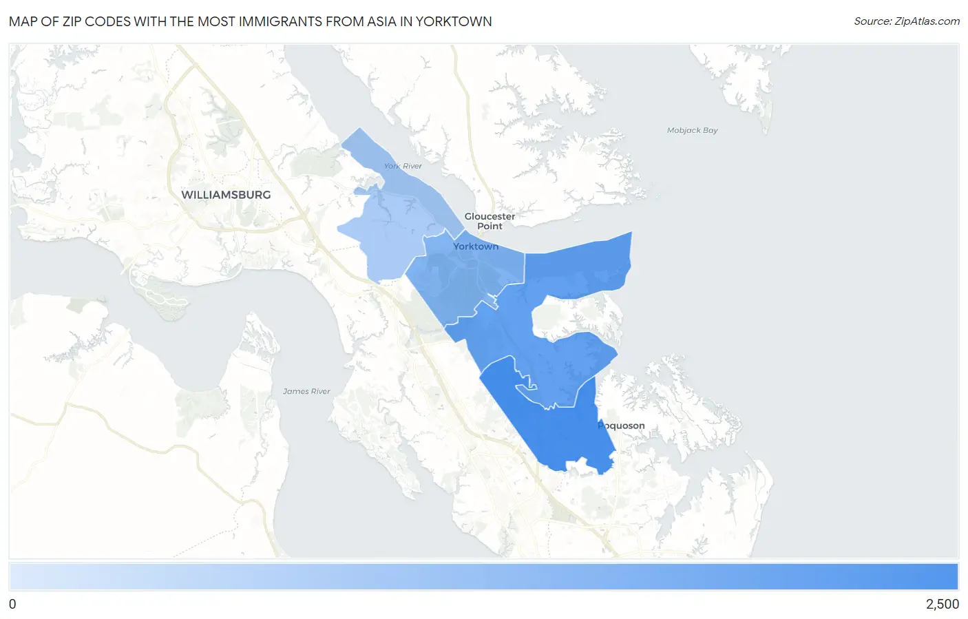 Zip Codes with the Most Immigrants from Asia in Yorktown Map