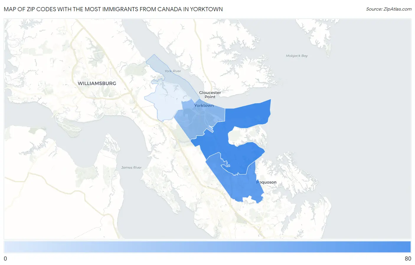 Zip Codes with the Most Immigrants from Canada in Yorktown Map
