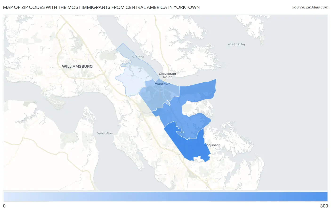 Zip Codes with the Most Immigrants from Central America in Yorktown Map