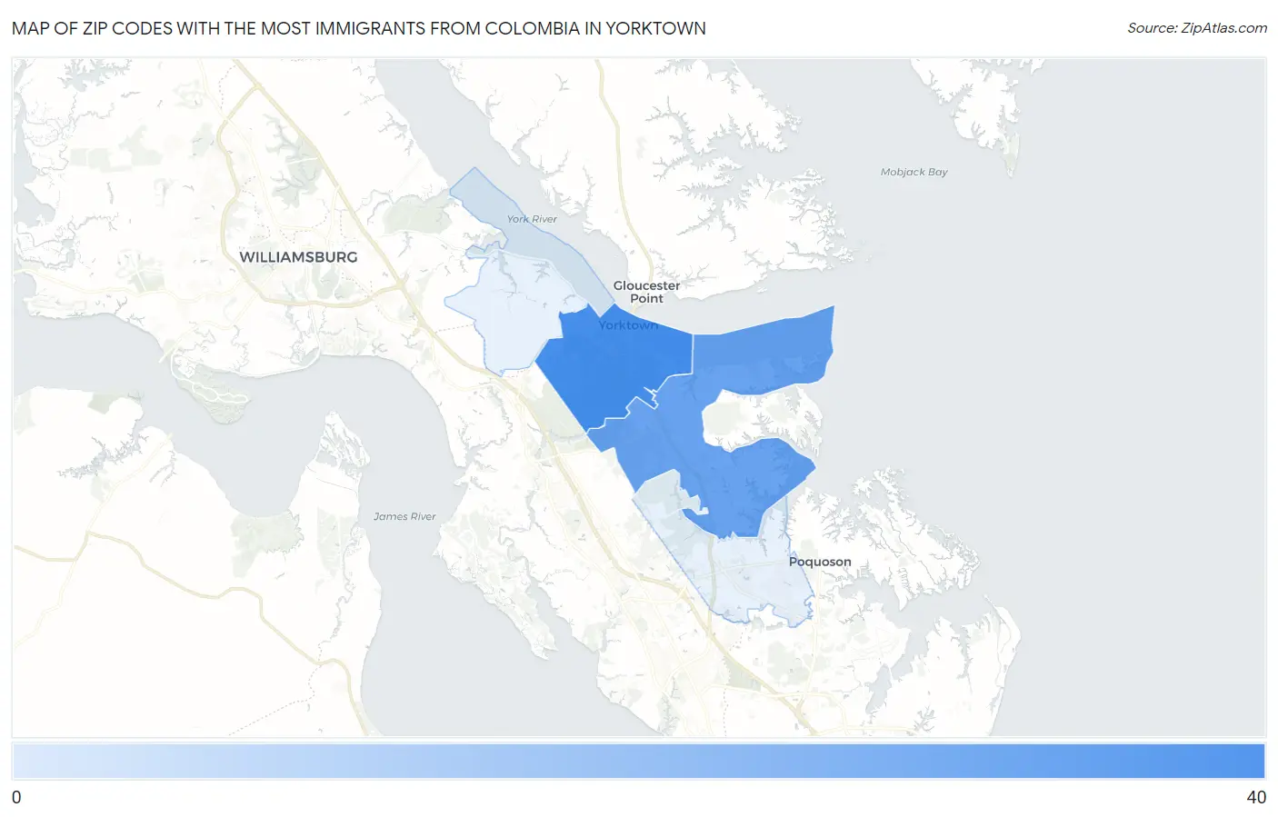 Zip Codes with the Most Immigrants from Colombia in Yorktown Map