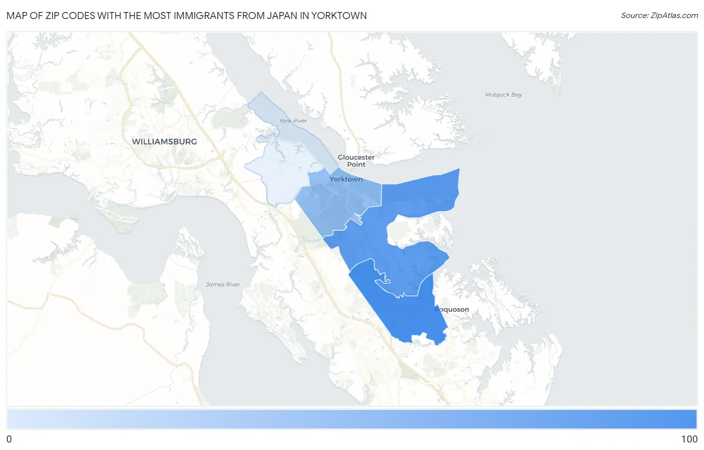 Zip Codes with the Most Immigrants from Japan in Yorktown Map