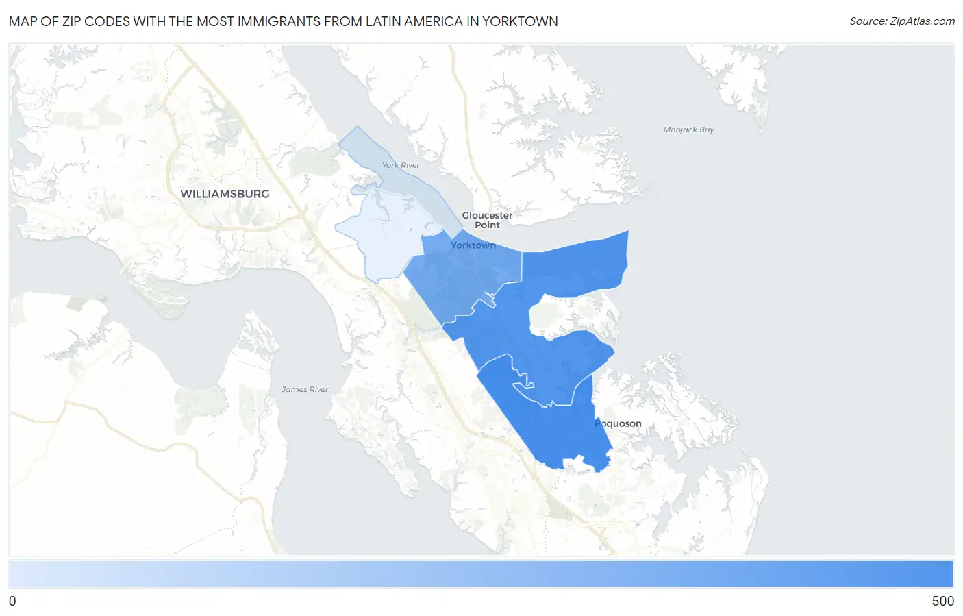 Zip Codes with the Most Immigrants from Latin America in Yorktown Map