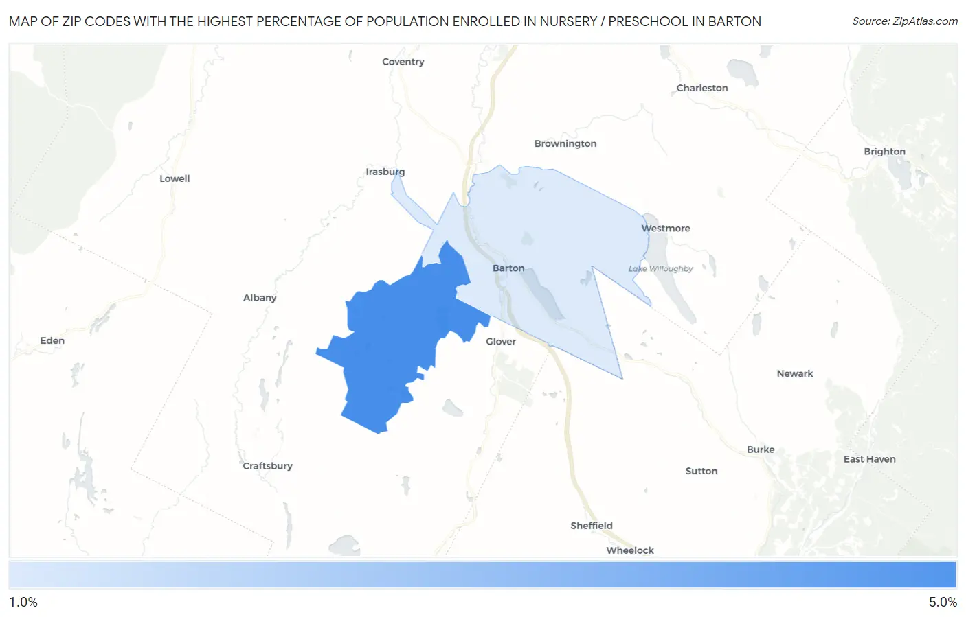 Zip Codes with the Highest Percentage of Population Enrolled in Nursery / Preschool in Barton Map